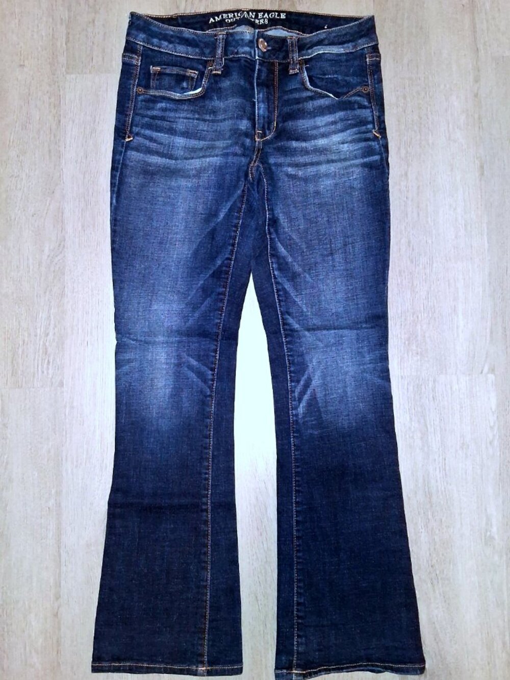 American Eagle Stretch Skinny Kick Boot Cut Jeans Size 6 Short Distressed Denim